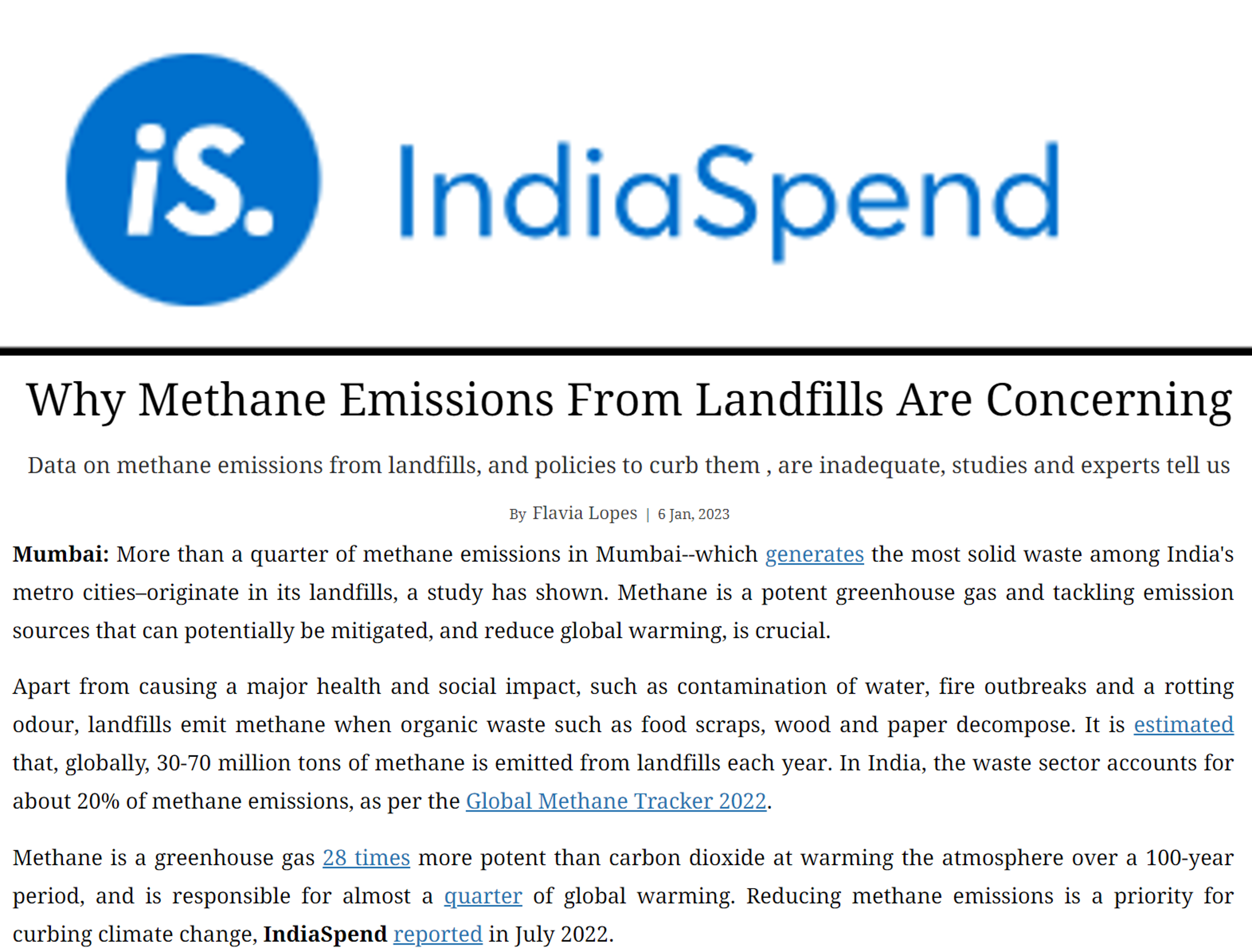 Pratima Singh quoted by India Spend on concerns regarding landfills